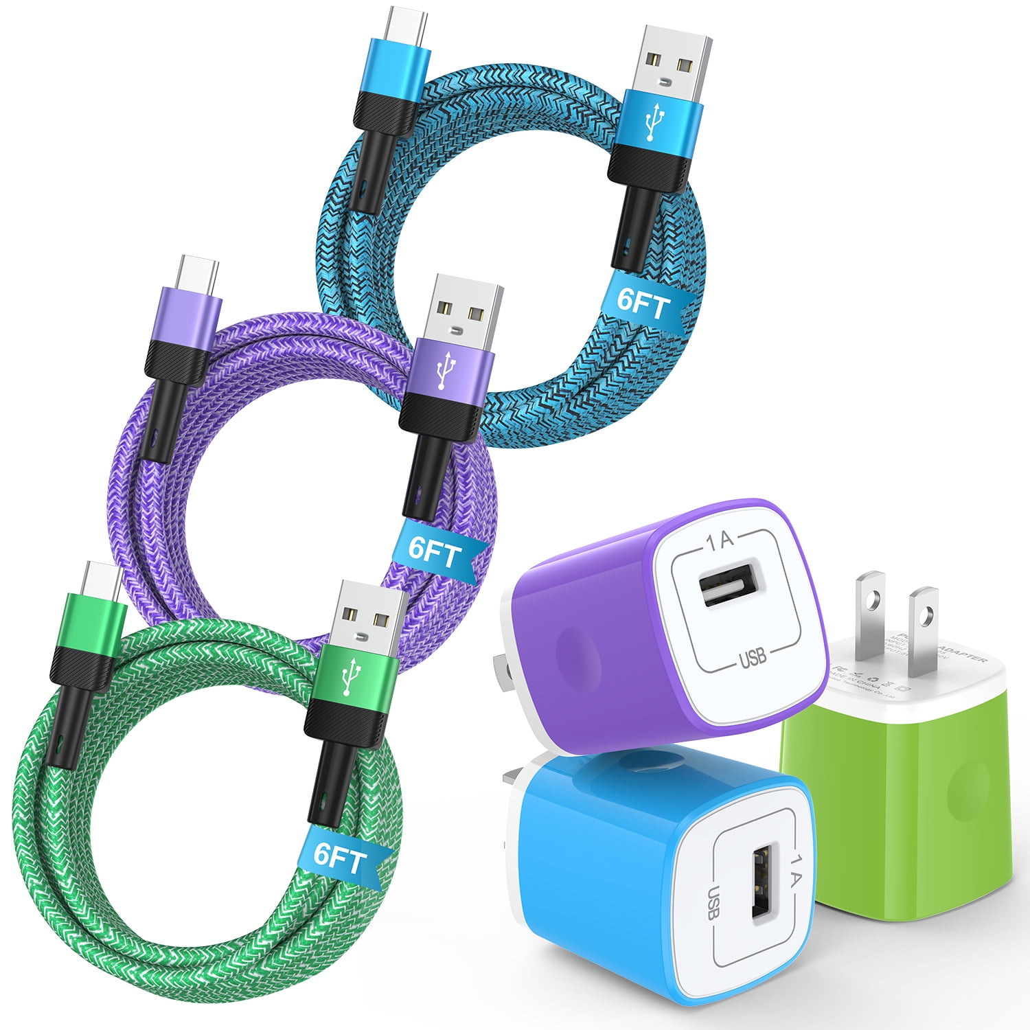 Zacenei USB Charger Block,USB C Charger Cable 6ft 3Pack USB Wall Charger Block w/ 3Pack USB C Cable 6Feet Android Phone Charger Cord Type C Charging Cable 6ft USB Brick Charger Box USB Charging Block