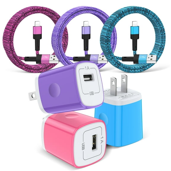 Zacenei USB Wall Charger,3Pack iPhone Charging Cables 6FT Data Sync Charger Cable w/ 3Pack USB Charger Block Travel Plug Adapter Fast Charging Block Power Cords Compatible for iPhone 14/13/12/11