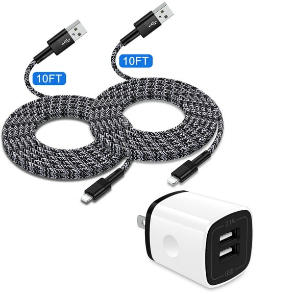Zacenei iPhone Charger Block,1Pack 2.1A Dual USB Charger Blockw/ 2Pack iPhone Charging Cable 10ft Charger Cords USB Wall Charger Power Adapter Plug Fast Charging Block Compatible for iPhone 14 13 12