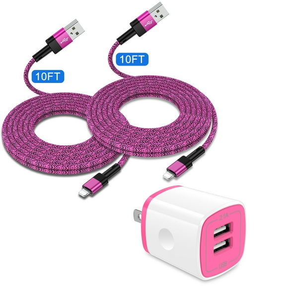 Zacenei iPhone Charger Block,1Pack 2.1A Dual USB Charger Blockw/ 2Pack iPhone Charging Cable 10ft Charger Cords USB Wall Charger Power Adapter Plug Fast Charging Block Compatible for iPhone 14 13 12