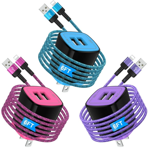 Zacenei iPhone Charger Block,3Pack 2.1A Dual USB Charger Block w/ 3Pack iPhone Multi Charging Cables 6FT Charger Cords,USB Wall Charger Adapter Plug Fast Charging Block Compatible for iPhone 14/13