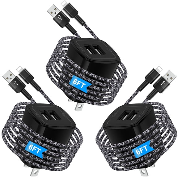 Zacenei iPhone Charger Block,3Pack 2.1A Dual USB Charger Block w/ 3Pack iPhone Multi Charging Cables 6FT Charger Cords,USB Wall Charger Adapter Plug Fast Charging Block Compatible for iPhone 14/13