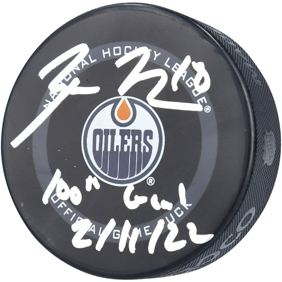 Zach Hyman Edmonton Oilers Autographed 2021 Model Official Game Puck with "100TH GOAL 2/11/22" Inscription - Fanatics Authentic Certified