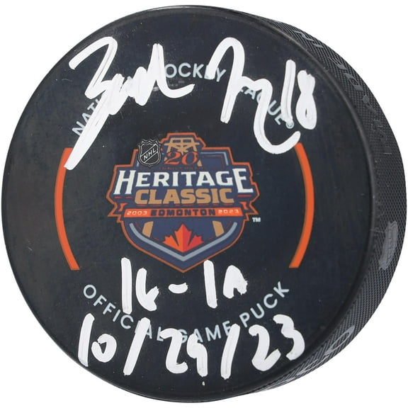 Zach Hyman Edmonton Oilers Autographed 2023 Heritage Classic Official Game Puck with "1G-1A 10-29-23" Inscription - Fanatics Authentic Certified