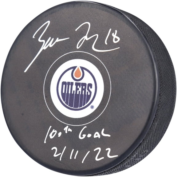 Zach Hyman Edmonton Oilers Autographed Hockey Puck with "100th Goal 2/11/22" Inscription