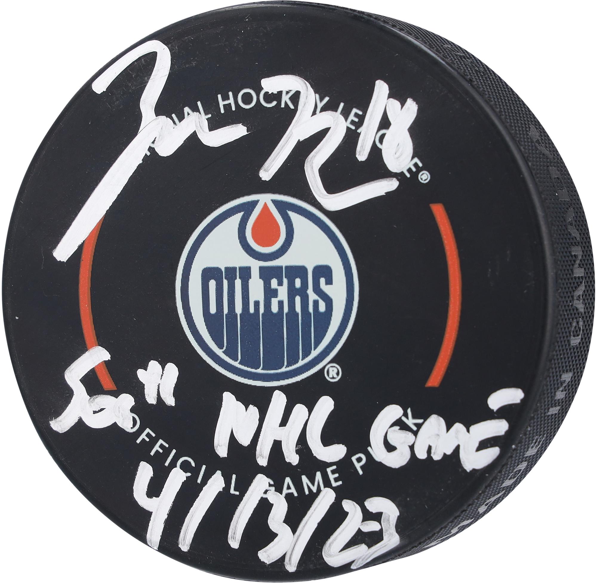 Zach Hyman Edmonton Oilers Autographed Official Game Puck with "500th NHL Game 4-13-23" Inscription - Fanatics Authentic Certified