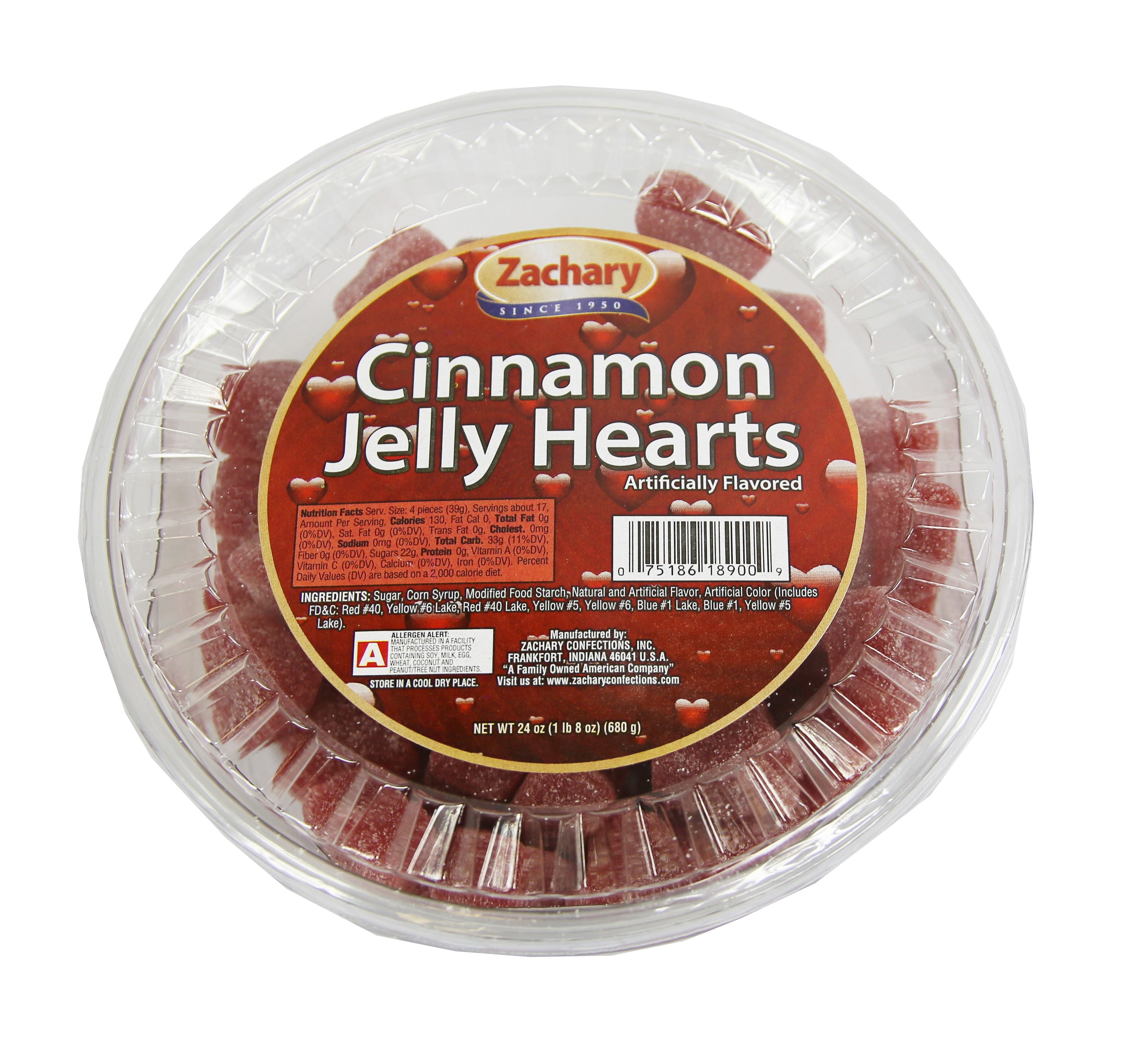 Zachary Cinnamon Jelly Heart Candy, 24 oz Tub, Chewy Sweets