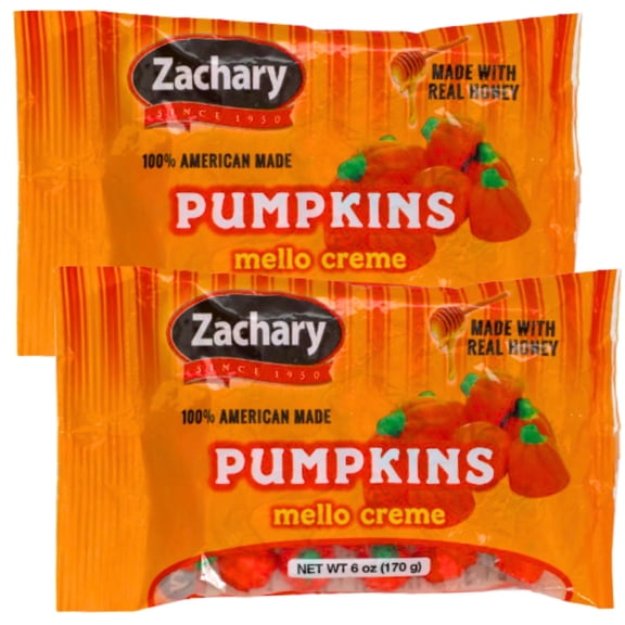 Zachary Edible Mello Creme Pumpkins 6Oz Trick or Treat Candy Gift Bag Party Favors Basket Bowl Goodies Stocking Stuffer Sweet Dessert Bars for Halloween Birthdays Wedding Parties Pack of 2