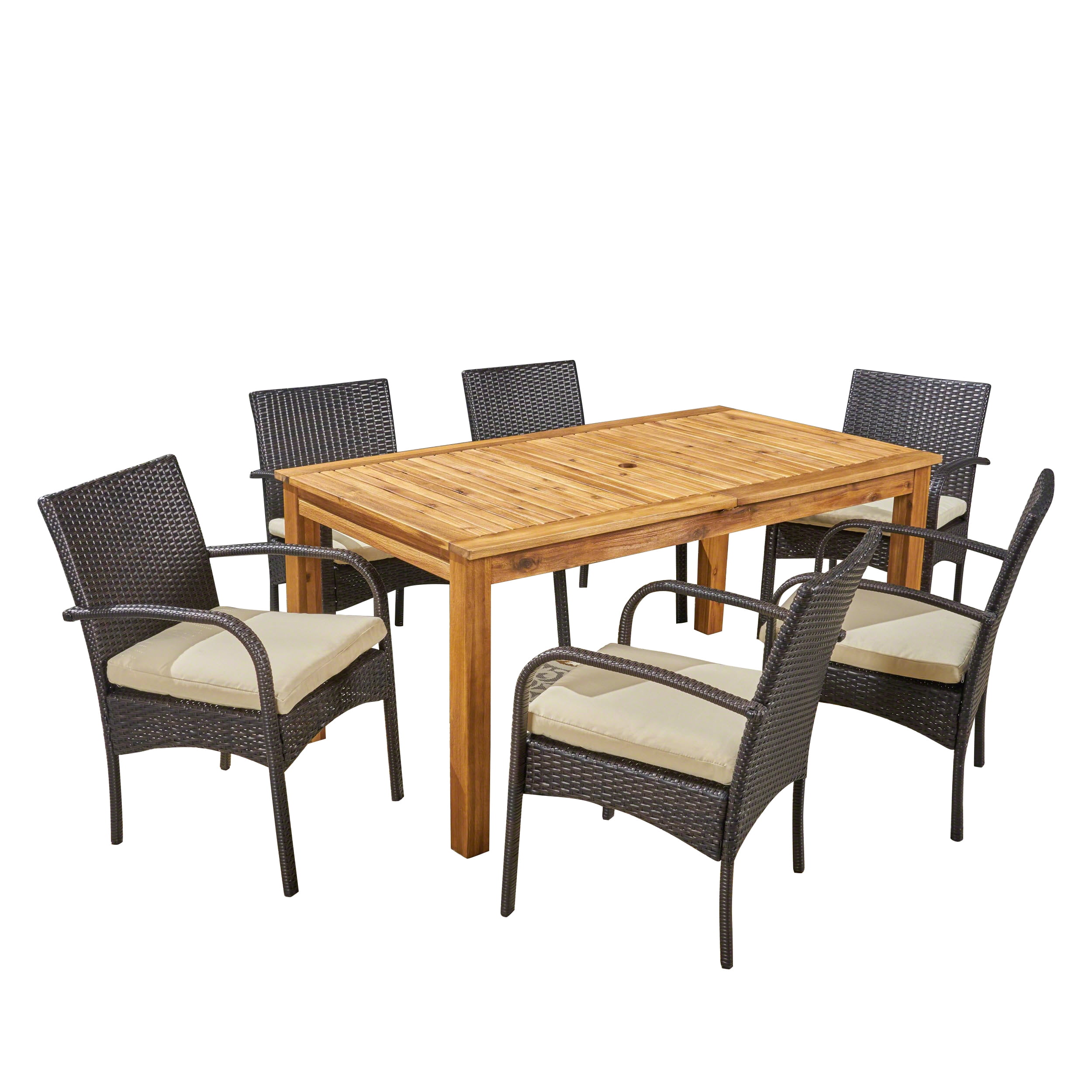 Zachary Outdoor 7 Piece Expandable Wood and Wicker Dining Set, Sandblast Natural Stained, Multi Brown, Crème