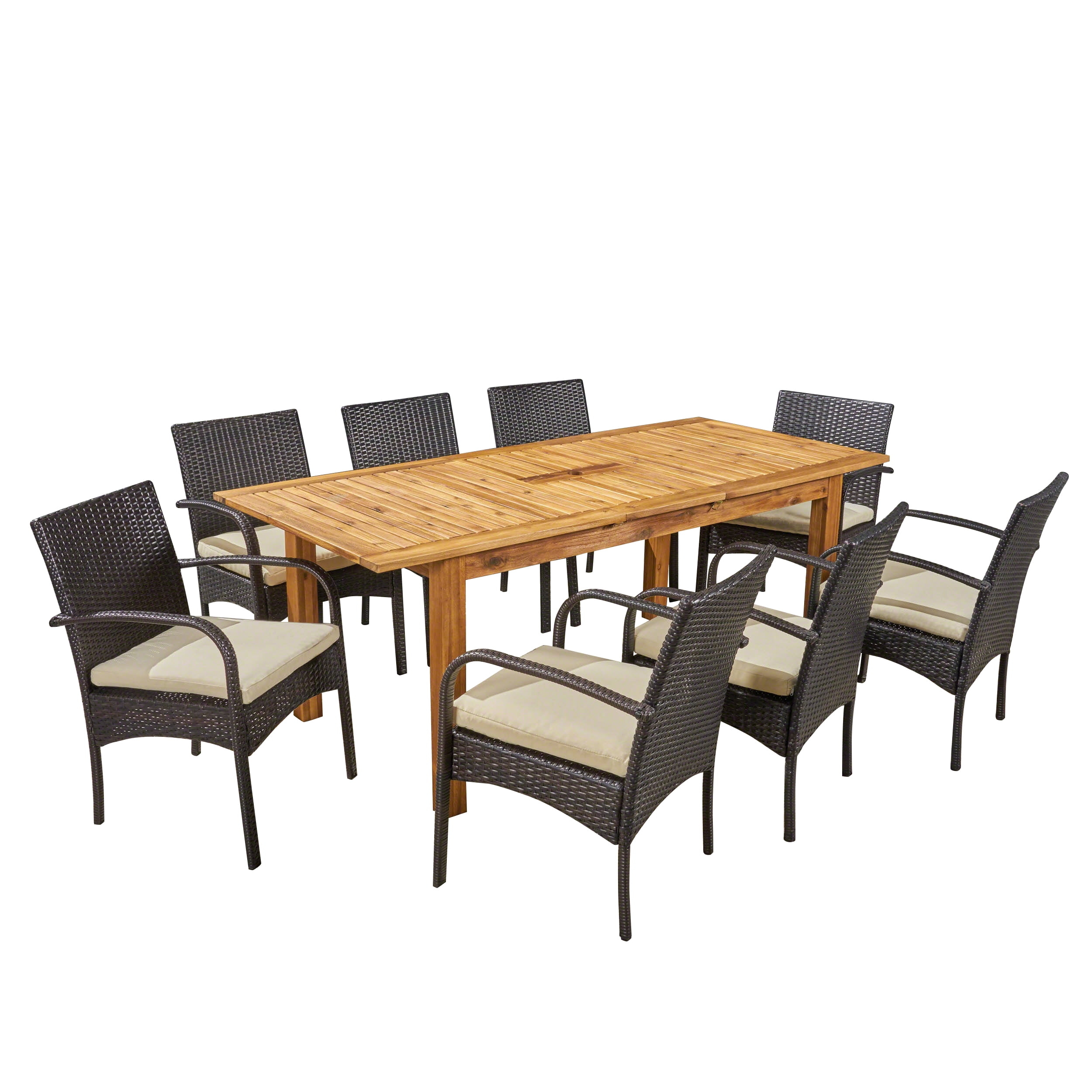 Zachary Outdoor 9 Piece Expandable Wood and Wicker Dining Set, Sandblast Natural Stained, Multi Brown, Crème