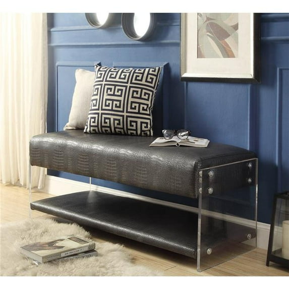 Posh Living Zachary PU Leather Flat Seat Bottom Shelf Bench - Charcoal Grey Croc