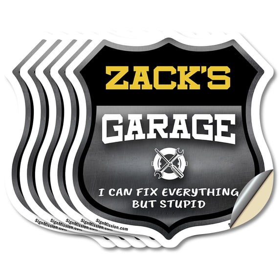 Zack's Garage I Can Fix Everything But Stupid (5 Pack) 4 inch X 4 inch Shield Shaped Heavy Duty 3.2 mil Vinyl Decals To last, Gift for Dads and Uncles Classic Americana Crafted in the