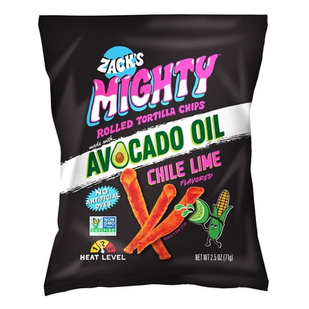 Zack's Mighty Avocado Oil Rolled Tortilla Chips - Chile Lime, 2.5 oz. Film Bag, No Artificial Colors or Dye