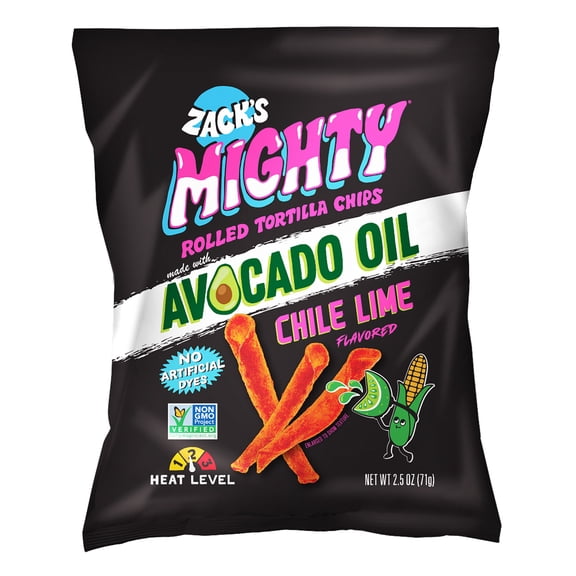 Zack's Mighty Avocado Oil Rolled Tortilla Chips - Chile Lime, 2.5 oz. Film Bag, No Artificial Colors or Dye