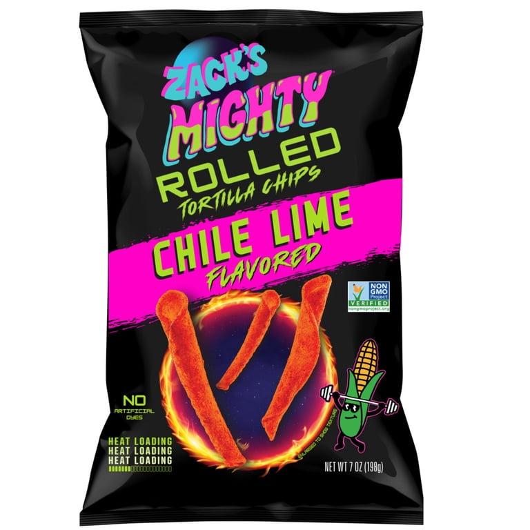Zack's Mighty Chile Lime Rolled Tortilla Chips, 7 oz Film Bag, No