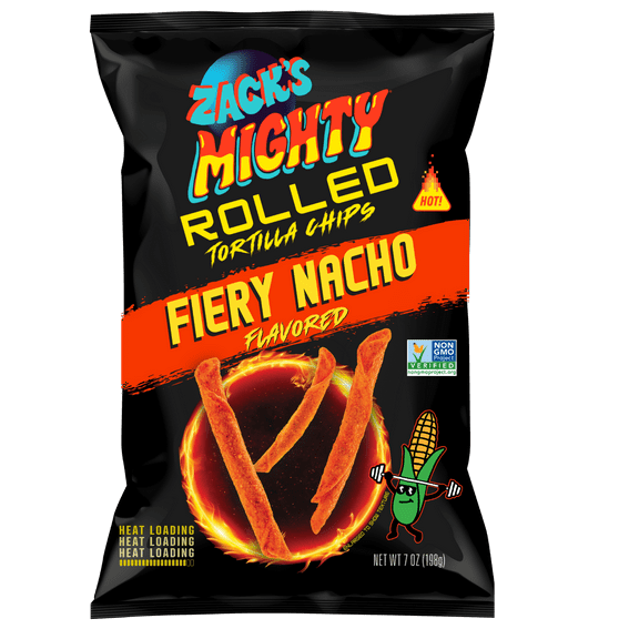 Zack's Mighty Fiery Nacho Rolled Tortilla Chips, 7 oz Film Bag, No Artificial Colors or Dye