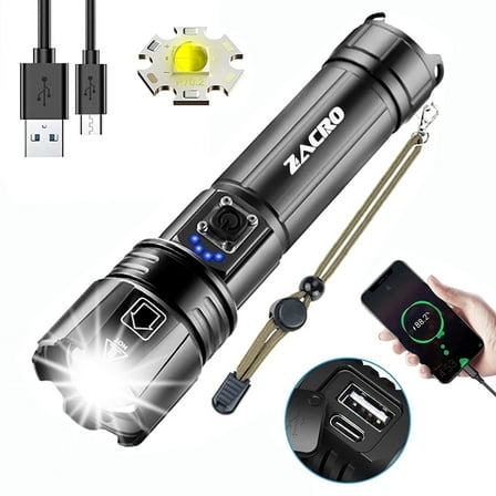 Zacro 1500 High Lumens Rechargeable Flashlight, Super Bright LED Flashlight Waterproof Zoomable Flashlight, 5 Modes for Emergencies, Camping, Outdoor Sport