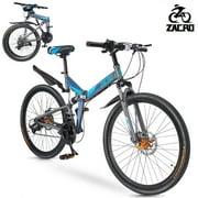 Zacro 26 Inch Folding Mountain Bike, 24 Speed Dual Disc Brake Alloy Wheels MTB Bicycle for Men Women Adults Youth, Blue