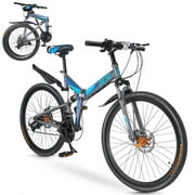 Zacro 26 Inch Folding Mountain Bike, 24 Speed Dual Disc Brake and Shock Absorbers Alloy Wheels Compact Mountain Bike for Men Women Adults Youth - Black Blue