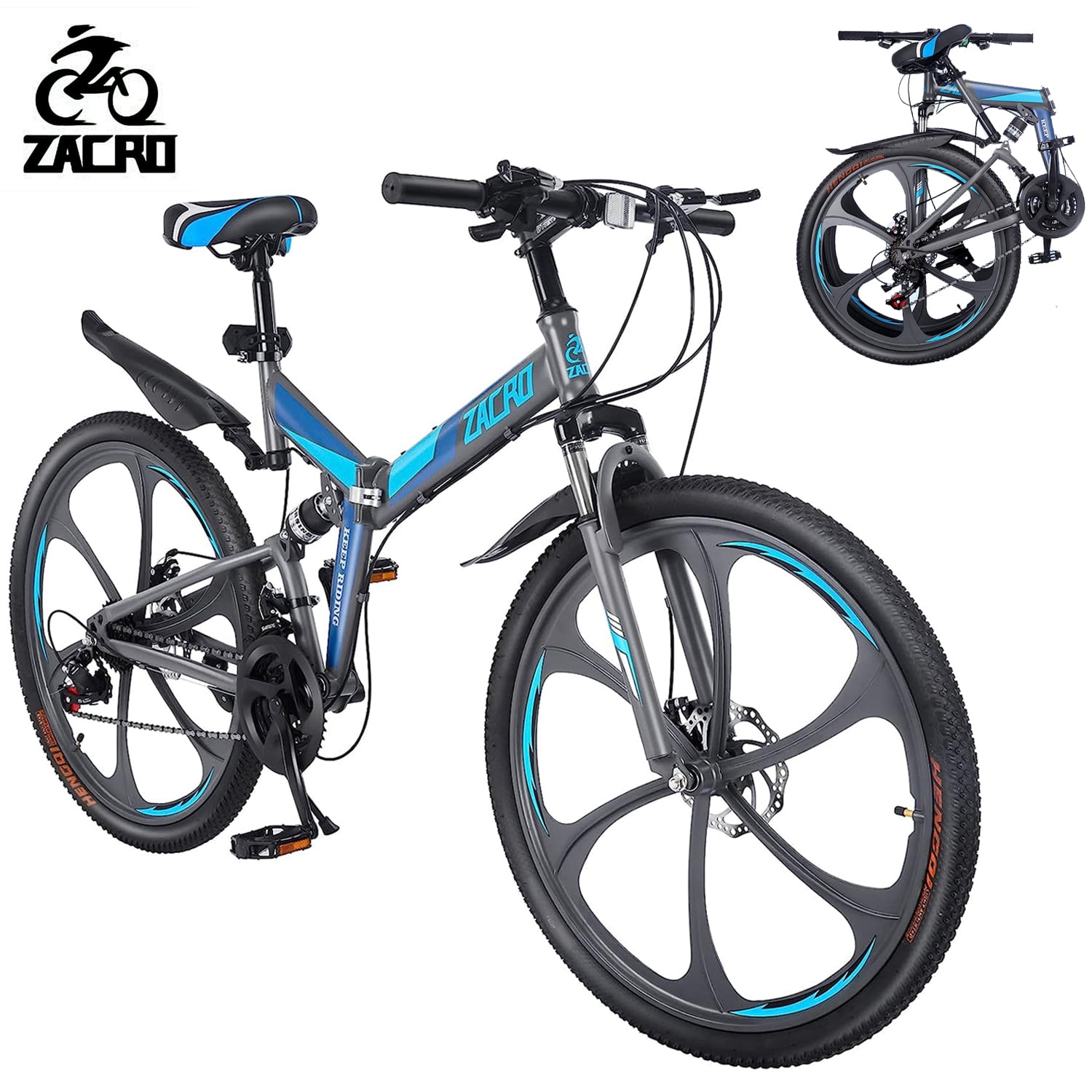 Zacro 26 Inch Folding Mountain Bike, 24 Speed Dual Disc Brake & Shock