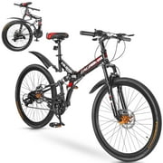 Zacro 26 Inch Folding Mountain Bike, Upgraded 24 Speed/Carbon Fiber Wheels MTB Bicycle, Shock Absorbers High-Carbon Steel & Dual Disc Brake City Road Bikes, Red