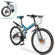 Zacro 26 inch Folding Mountain Bike for Adults, Upgraded 24 Speed Carbon Fiber Wheels MTB Bicycle with Shock Absorbers High-Carbon Steel & Dual Disc Brake Trail Canyon Bikes for Christmas, Blue