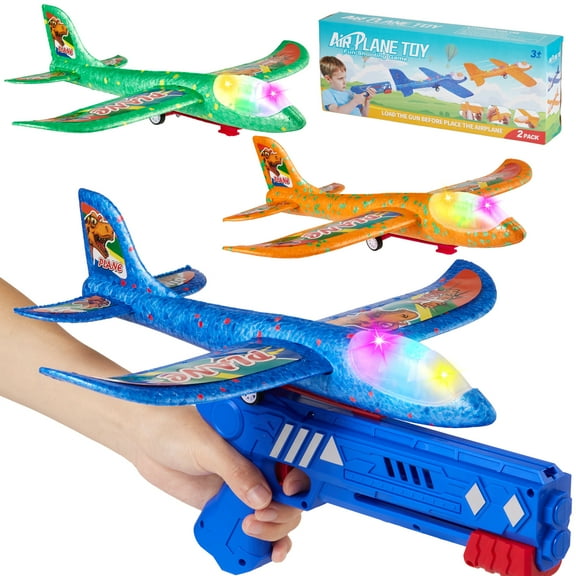 Zacro Airplane Launcher Toys, 3 Pack Foam Glider Catapult Plane Toy with LED Light & Stickers, Outdoor Flying Toys for Boys Girls 3 4 5 6 7 8 Year Old