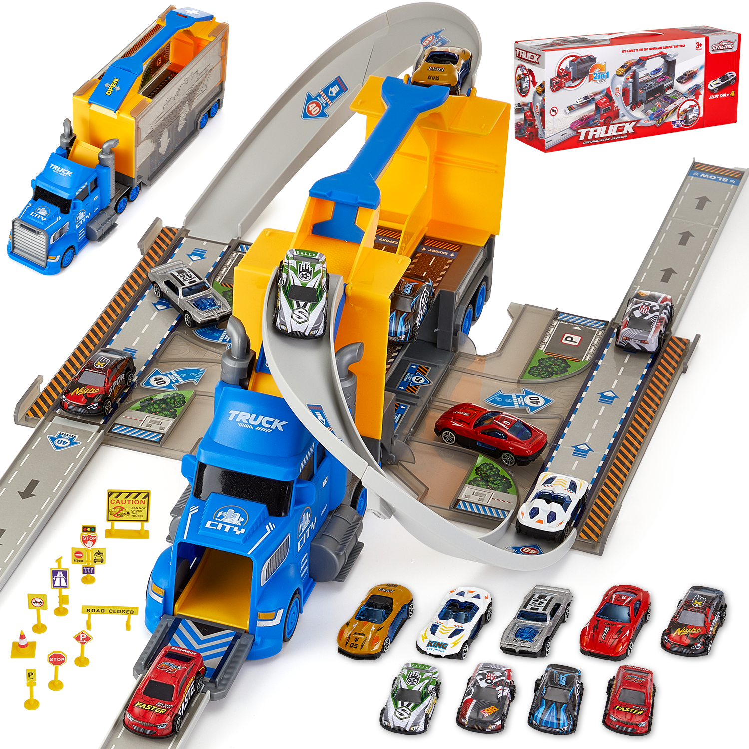 Zacro Carrier Truck Race Track Toys for Kid, Transport Trucks Playset ...