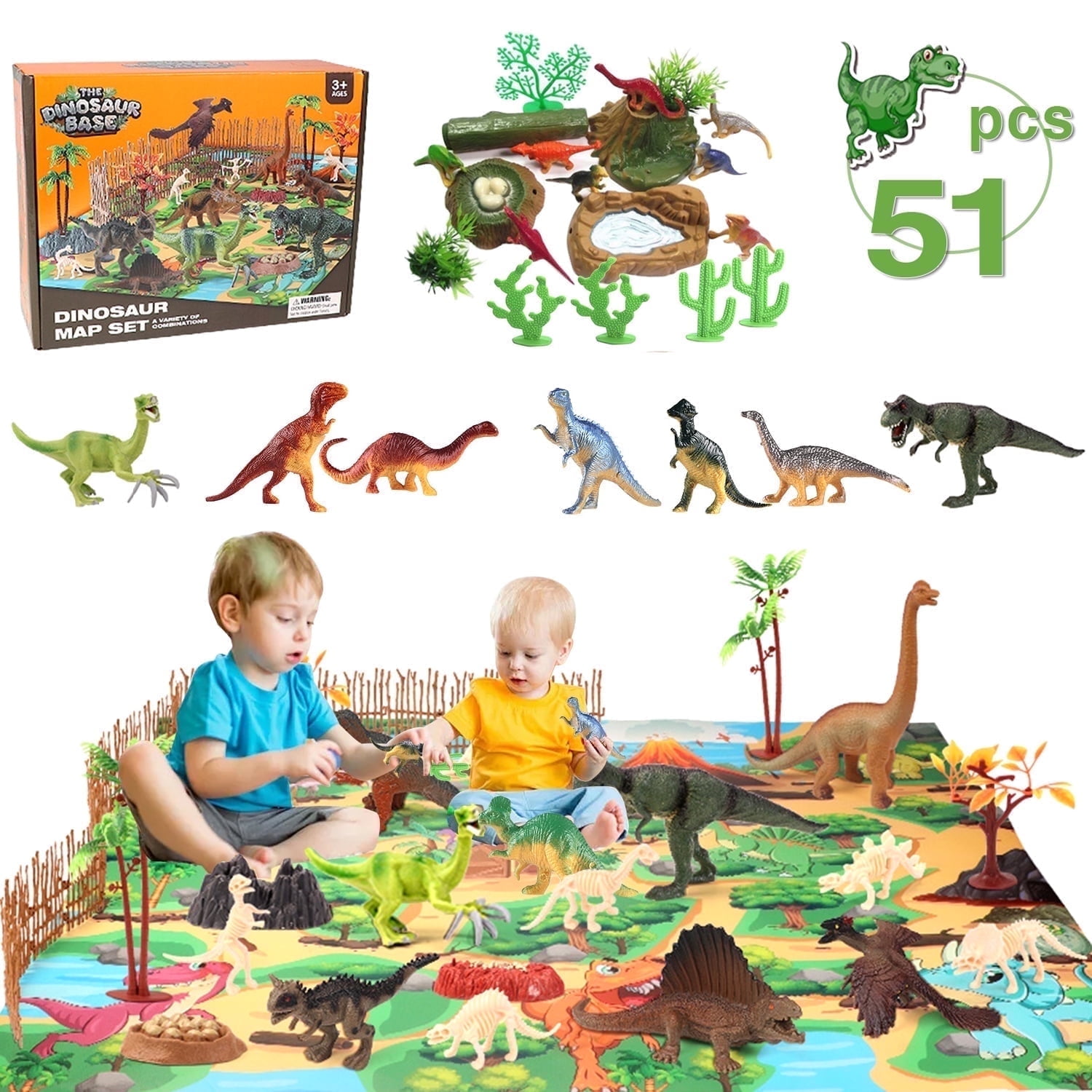 Zacro Dinosaur Toys Play Set, 51pcs Dinosaur Toys for Boys & Girls with Play Mat, Dinosaur Figures, Trees, Rocks, Fossil, Great Dinosaur Toy Gift for Toddlers Kids Age 3 4 5 6 Years Old & Up
