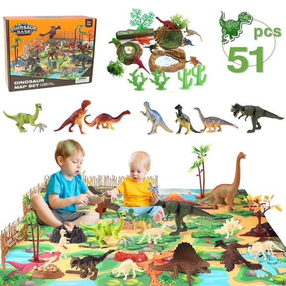 Zacro Dinosaur Toys Play Set, 51pcs Dinosaur Toys for Boys & Girls with Play Mat, Dinosaur Figures, Trees, Rocks, Fossil, Great Dinosaur Toy Gift for Toddlers Kids Age 3 4 5 6 Years Old & Up