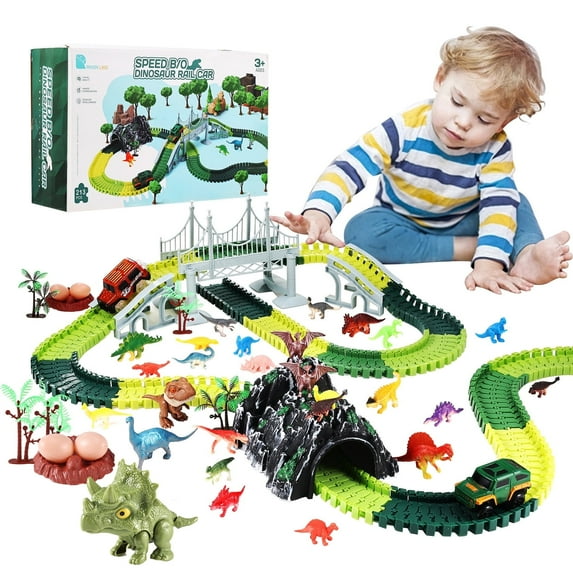 Zacro Dinosaur Toys Race Car Track Set, 240pcs Dinosaur Toys for Boys and Girls, Flexible Train Track Playset Create A Dinosaur Road Race for Toddlers Christmas Gifts