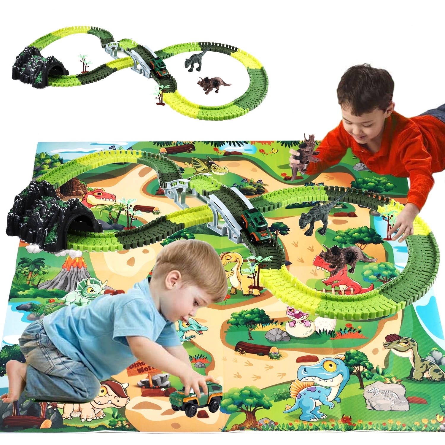 Baby Racing Car Zacro Dinosaur Toys Race Car Track Set with Flexible Tracks Play Mat ...
