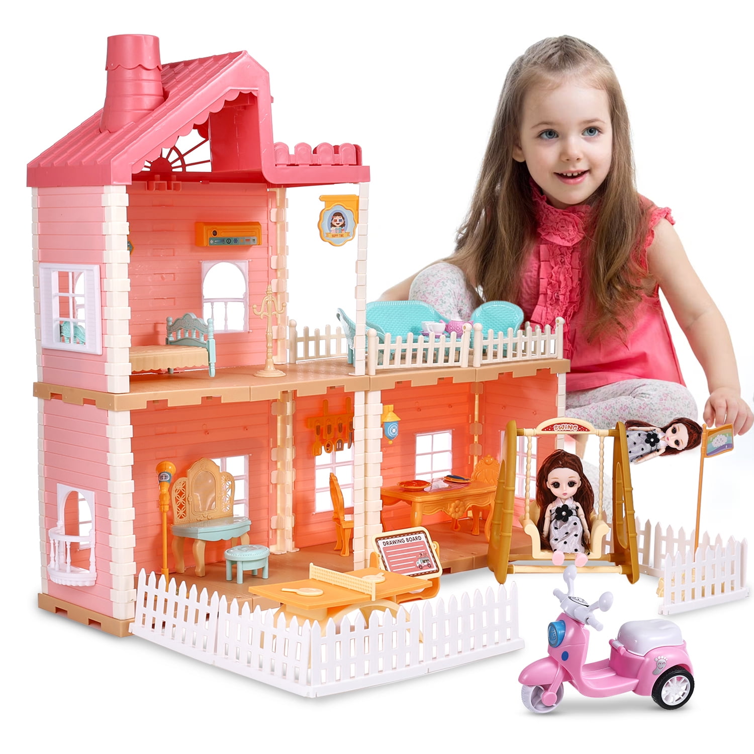 Zacro Dollhouse Girls Dreamhouse Playset, 3 Room Dollhouse with Doll Toy Figure, Furniture and Accessories, Color Lights, Steam Chimney, Play House Gift Toys for Kids Ages 3+