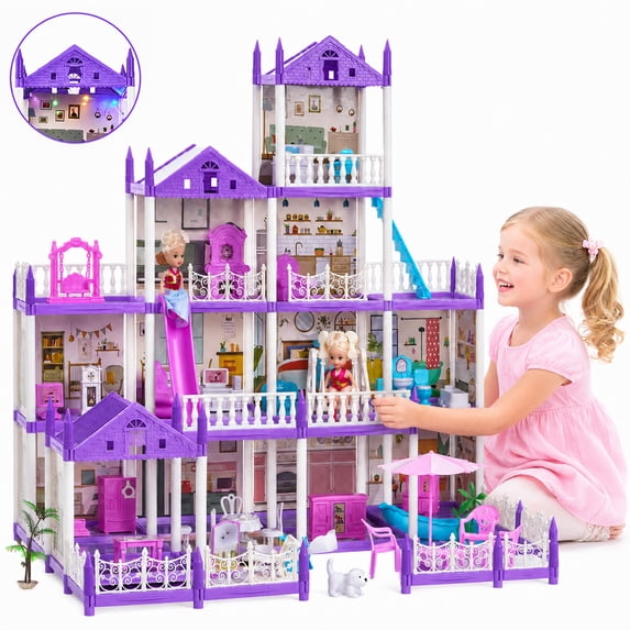 Zacro Dollhouse Pretend Play Set, 4 Story 12 Rooms Dollhouse with Doll Toy Figure, Furniture and Accessories, Play Dollhouse Gift Toys for Girls Kids Ages 3 & Up