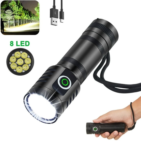 Zacro High Power Rechargeable Flashlight, High Lumens Super Bright Powerful Handheld Flashlight with 5 Modes, 8 XPG LED Flashlight for Emergencies, Camping, Home, Black