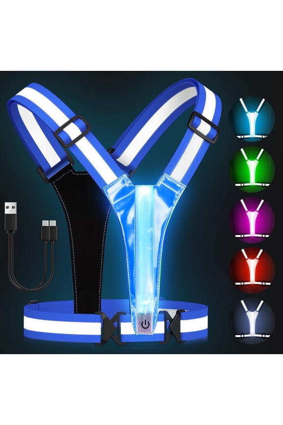 LED Reflective Vest Running Gear, 5 Colors Light Up Running Vest for Walking Running Cycling, Rechargeable & Adjustable High Visibility Reflective Running Gear for Women Men Kids, Blue