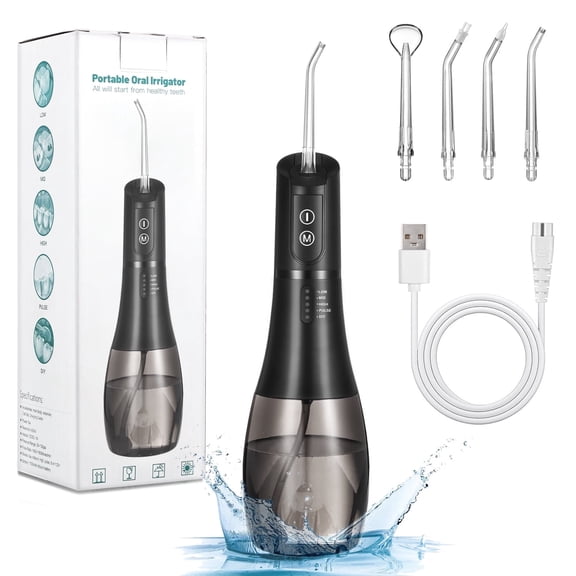 Zacro Portable Water Flosser for Teeth, Cordless Dental Oral Irrigator, 400ML Tank 5 Jet Tips 5 Modes, Rechargeable IPX7 Waterproof Pick Teeth Cleaner for Travel Home Use, Black