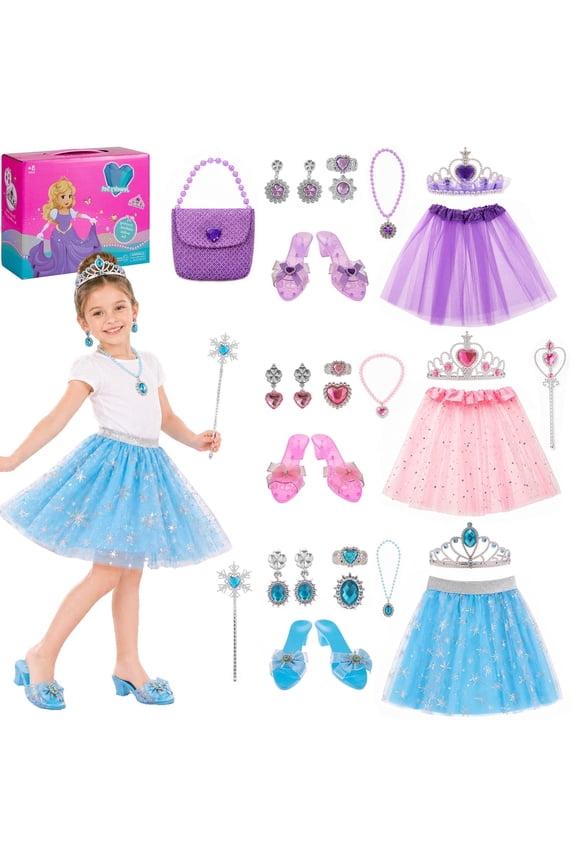 Princess Dress Up Toy Set, Toddler Girls Dress Up Toys Costumes Set with Skirts, Shoes, Crowns, Purses, Wands and Jewelry, Pretend Role Play Toys for Girls Toddler 3 4 5 6 Year Old