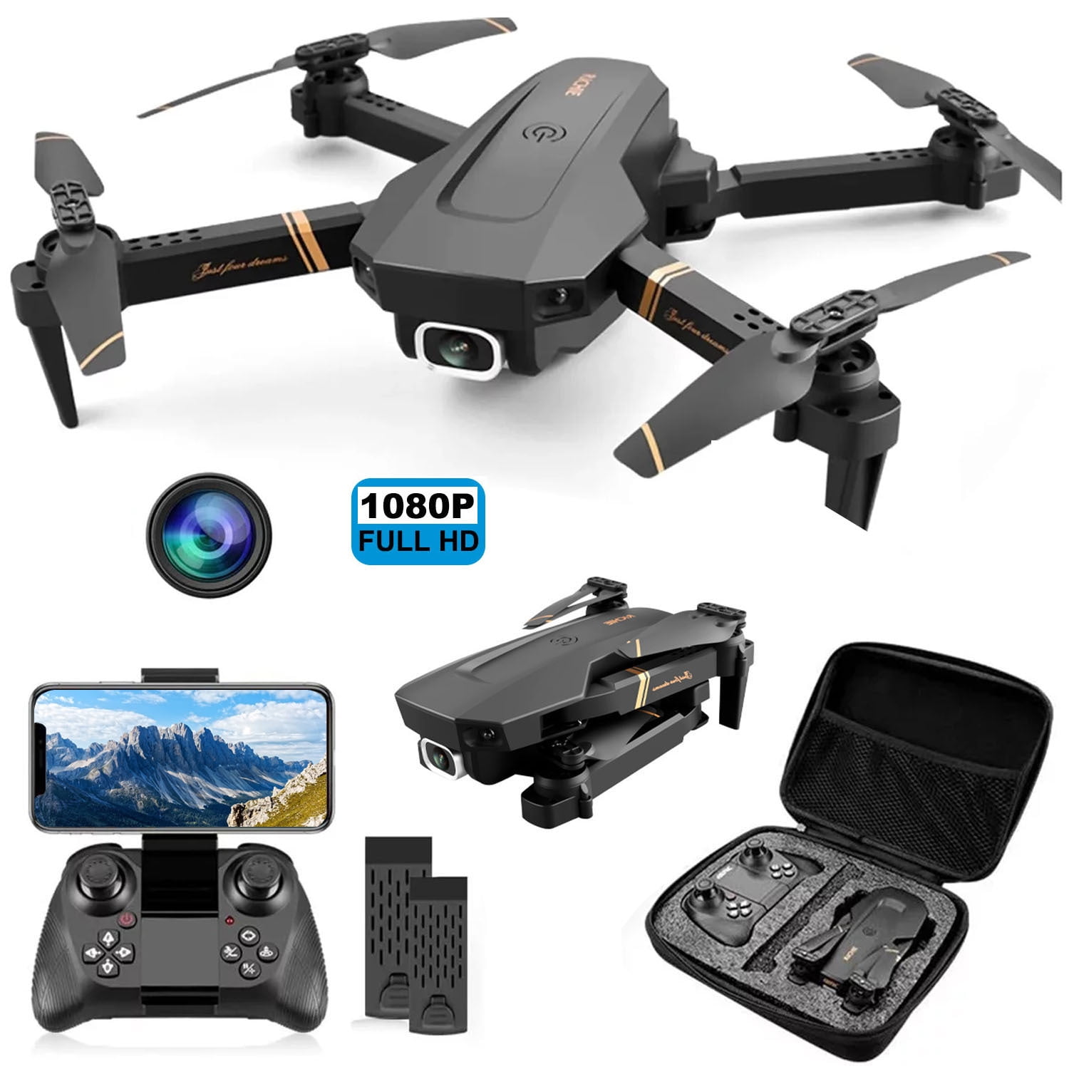 Zacro RC Drone with 1080P Camera for Adults and Kids, WiFi FPV Live Video RC Quadcopter for Beginners, 2 Batteries, Black