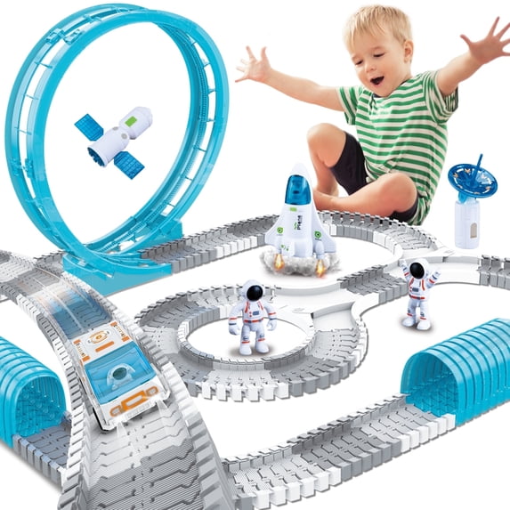 Zacro Race Car Track Set for Boys, 233PCS STEM Vehicles Playset Flexible Track Set with Astronaut, Space Theme Race Track Set Gift Toys for Toddlers Kids Girls Age 3 4 5 6 7 & Up
