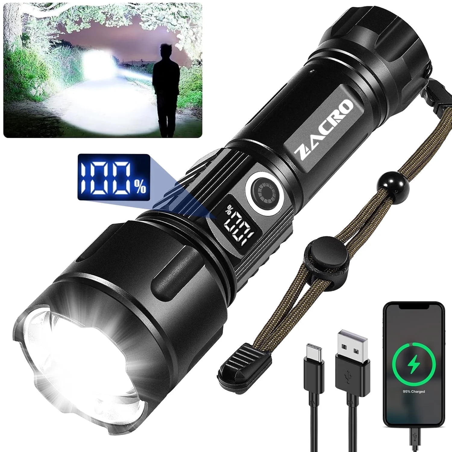 Zacro Rechargeable Flashlight High Lumens, XHP70.3 Super Bright Flashlight with Digital Power Display, 5 Modes, IPX7 Waterproof LED Flashlight for Emergencies, Camping, Hiking