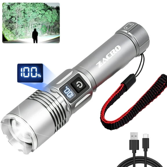 Zacro Rechargeable Flashlight, High Lumens Flashlight with Digital Power Display, 3 Modes, Waterproof LED Flashlight for Emergencies, Camping, Hiking, Gray