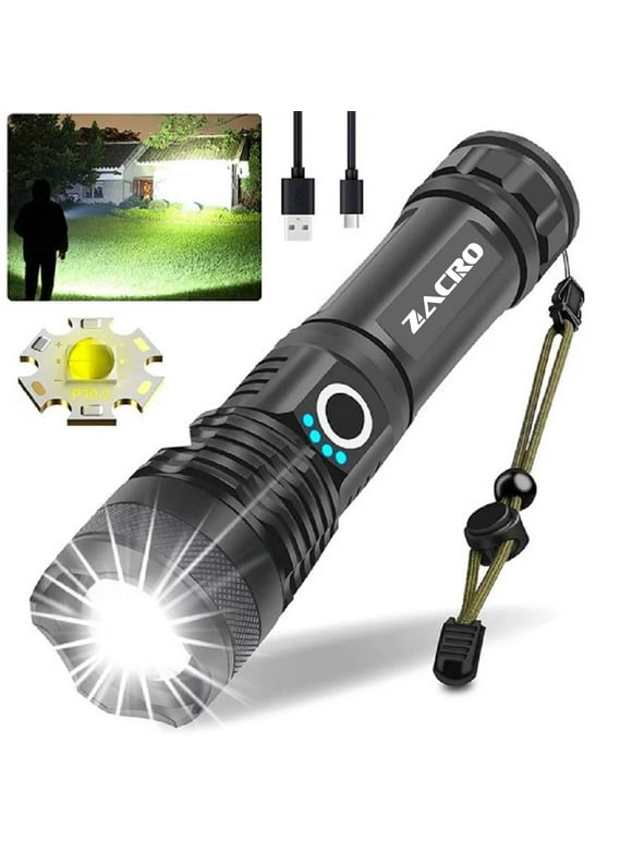 Zacro Rechargeable LED Flashlight, 90000 High Lumens Powerful Super Bright Tactical Flashlight Zoomable Torch for Emergencies, Home, Camping