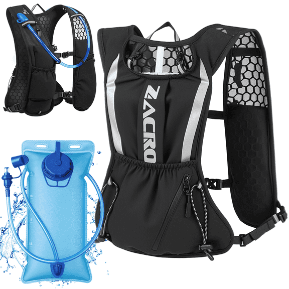 Zacro Hydration Vest with 2L Soft Flask, Reflective Running Vest for Men Women, Lightweight Running Backpack for Walking Hiking Cycling - Black