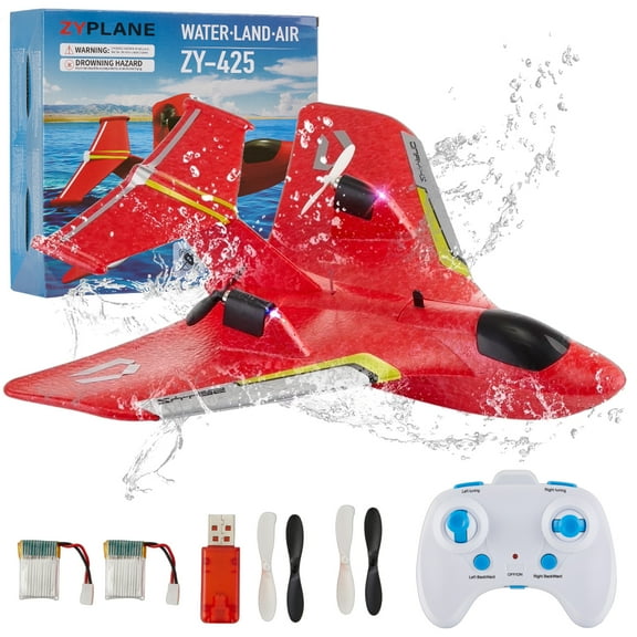 Zacro RC Plane for Kids, Remote Control Airplane for Water Land & Air with Lights, Easy to Fly RC Glider Plane Toys Gift for Kids Adults Beginners, Red