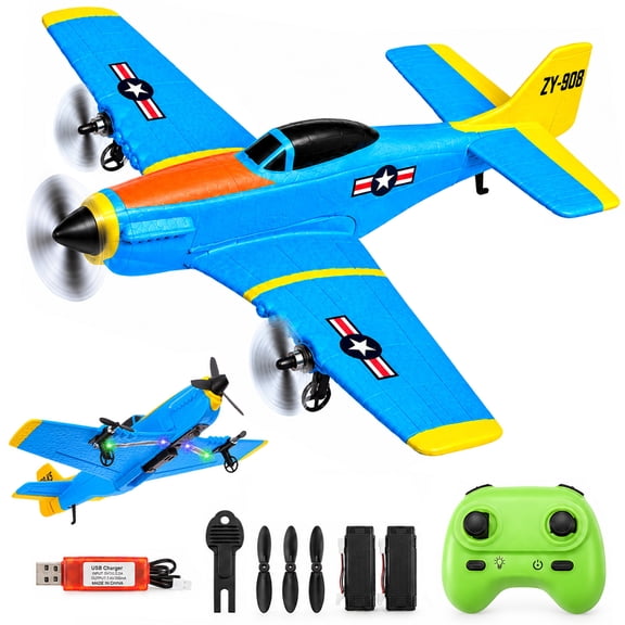 Zacro RC Airplane for Kids, 2.4GHz Remote Control Plane with Gyro Stabilization, LED Lights, Foam Aircraft RC Glider Toy for Kids Adult Beginner - Blue
