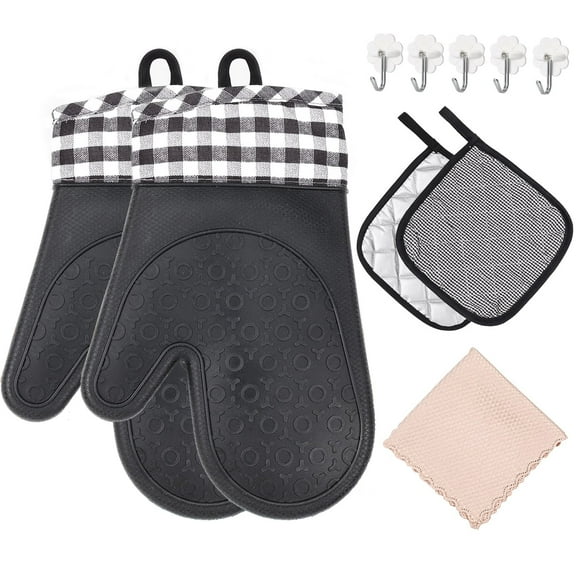 Zacro Silicone Oven Mitts, Heat Resistant Kitchen Oven Mitts and Pot Holders Set, Non-Slip Oven Gloves for Cooking Baking Grilling - Black