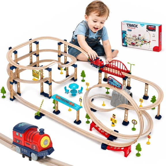 Zacro Electric Train Set for Kids, 146-Piece City Train Track Set with Train, Bridges, Loops & Signs, Battery-Powered Train Toy for Boys & Girls Ages 3-7