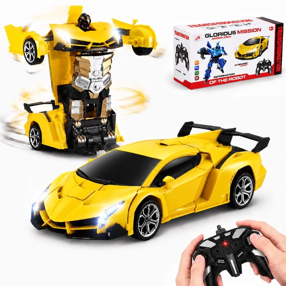 Zacro Transform RC Car Toys, 2.4Ghz 1:18 Scale Remote Control Car Transforming Robot, One-Button Deformation 360? Rotation Drifting Car Transform Toys Gift, Yellow