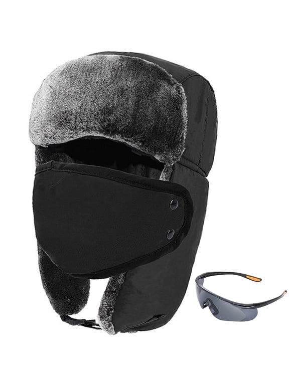 Trapper Hat for Men Women, Winter Hat Trooper Russian Warm Hat with Ear Flaps Windproof Mask, Black